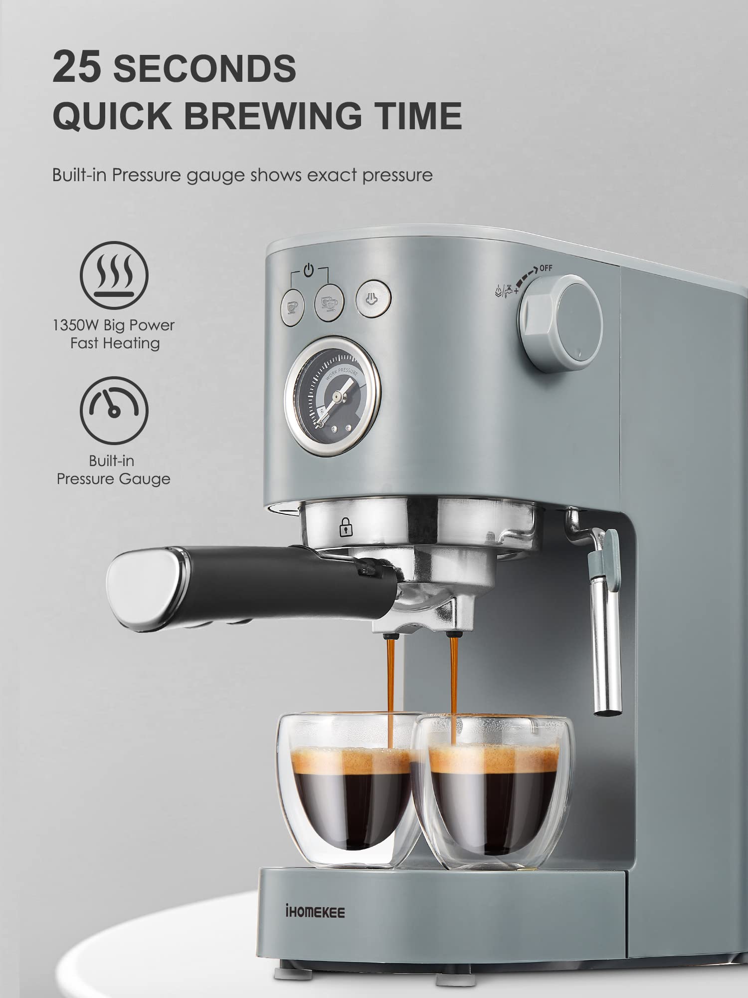 Ihomekee Espresso Machine Coffee Makers 15 Bar Cappuccino Machines with Milk Frother for Espresso/Cappuccino/Latte/Mocha (CM6927)