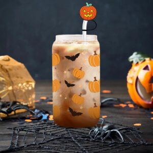 Halloween Pumpkins & Bats Glass Cup with Fall Silicone Straw Covers, Cute Halloween Gifts for Her – 16 oz Iced Coffee Tumbler with Lid & Straw, Spooky Boo Basket Stuffers Items for Women