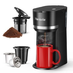 horavie mini single serve coffee maker for k cup and ground coffee, fast brew one cup coffee machine with descaling reminder and water window, 6 to 12 oz. brew sizes, black