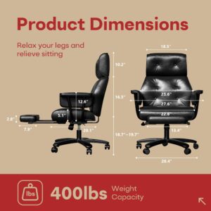 SeekFancy Reclining Office Chair with Footrest, Big and Tall Office Chair 400lbs Wide Seat, Leather High Back Executive Office Chair, Ergonomic Vintage Desk Chair, Heavy Duty Black Computer Chair