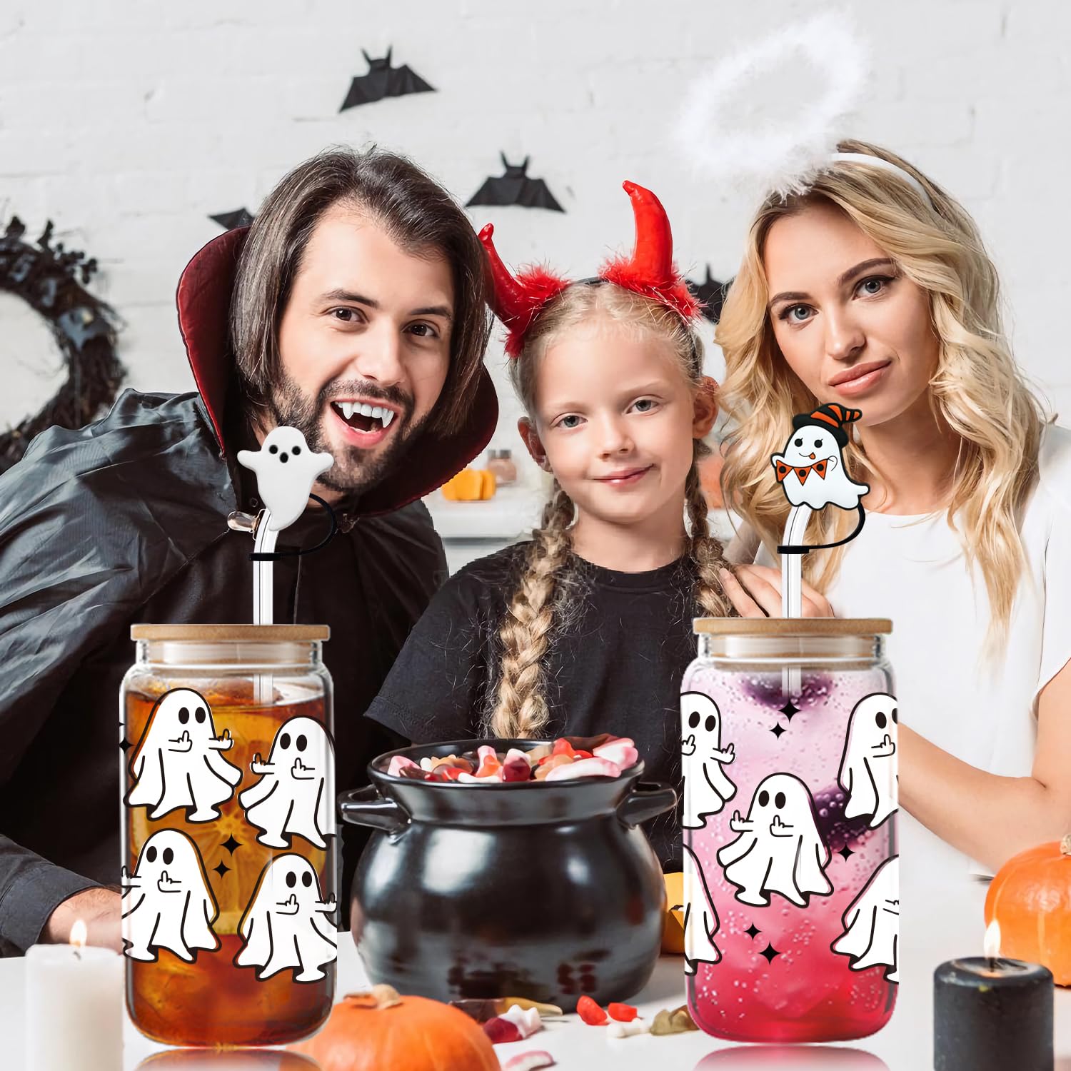 Halloween Ghost Glass Cups With Lid & Straw - 16 oz Spooky Halloween Iced Coffee Tumbler, Cute Halloween Gifts for Women, Teens Girls, Boo Basket Stuffers Items, Include 2 Silicone Straw Covers