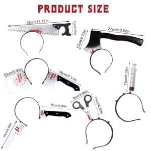 6 Packs Halloween Costume Horror Headbands Rubber Plastic Knife Cleaver and Scissor Through Head Hair Bands Zombie Accessories Headbands for Men Women Teen Makeup Scary Costume Halloween Party Favor