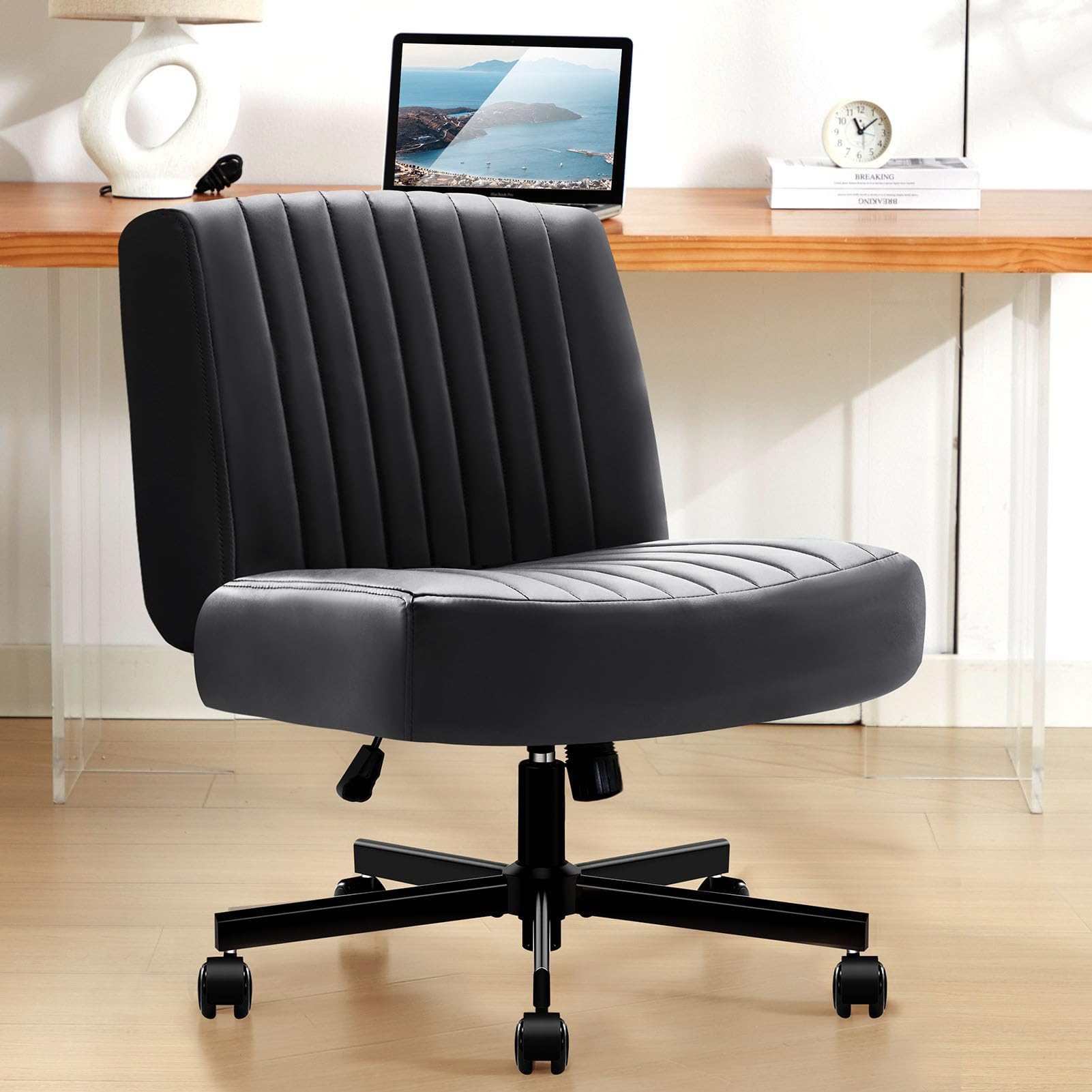 TUKAKA Criss Cross Chair with Wheels,Thick Padded Leather Cross Legged Office Desk Chair with Pocket Spring Cushion,Dual-Purpose Base,Wide Adjustable Computer Home Office Vanity Chair,Black