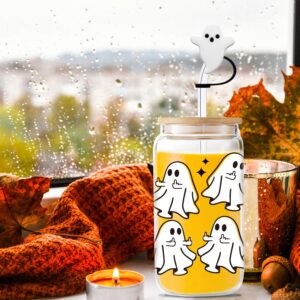 Halloween Ghost Glass Cups With Lid & Straw - 16 oz Spooky Halloween Iced Coffee Tumbler, Cute Halloween Gifts for Women, Teens Girls, Boo Basket Stuffers Items, Include 2 Silicone Straw Covers