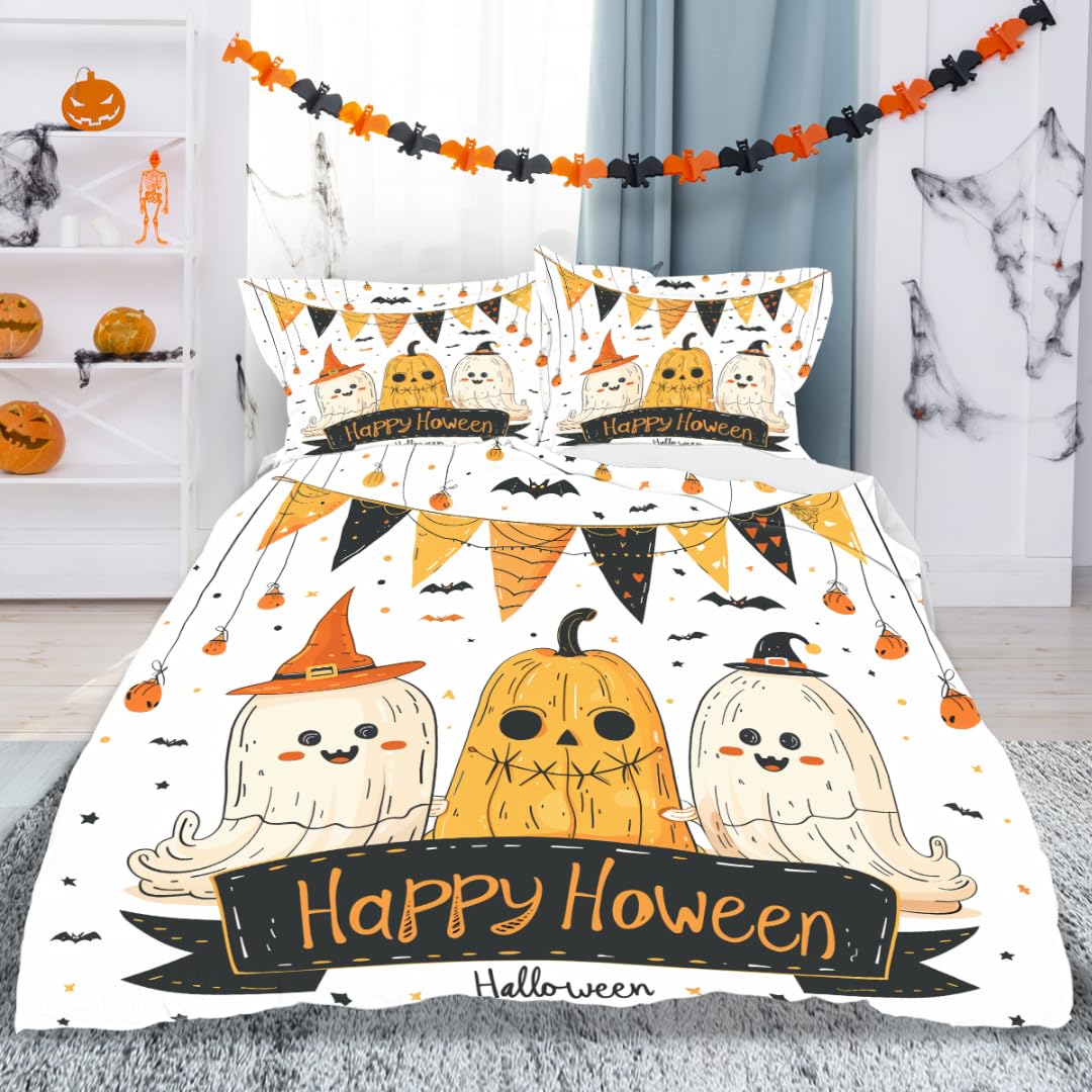 DiuuDi Halloween Duvet Cover King Size 3D Printed White Background Duvet Cover Set Halloween Pumpkin Ghost Spider Web Festival Gift Comforter Cover Cozy Quilt Cover with 2 Pillowcases