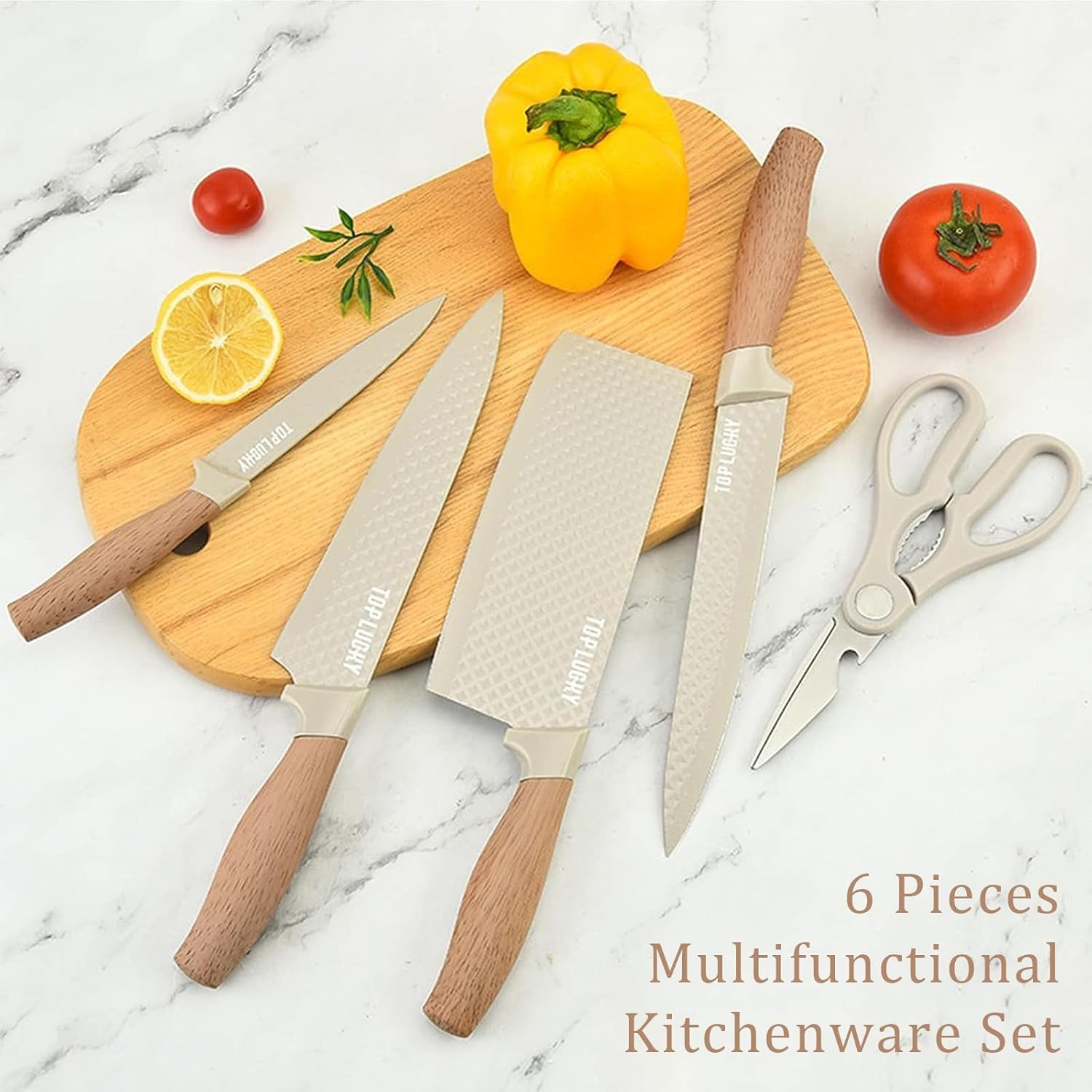 Kitchen Knife Set, 6 Pieces Professional Knife Set with Universal Knife Block, Super Sharp Knife Set with Ergonomic Handle, Non-Stick Stainless Steel Knife Block Set (Khaki)