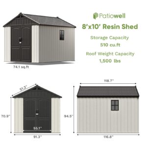 Patiowell 8 x 10 FT Resin Outdoor Storage Shed with Floor, Plastic Shed with Window and Lockable Door for Garden, Backyard, Tool Storage Use, Easy to Install in Beige (Kick-it Shed)