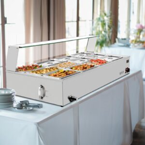 ROVSUN 96QT Steam Table, 12-Pan Electric Commercial Food Warmer Stainless Steel Bain Marie Countertop w/Glass Shield Temperature Control & Lid for Buffet Party Catering Restaurant 8QT/Pan 1500W 110V