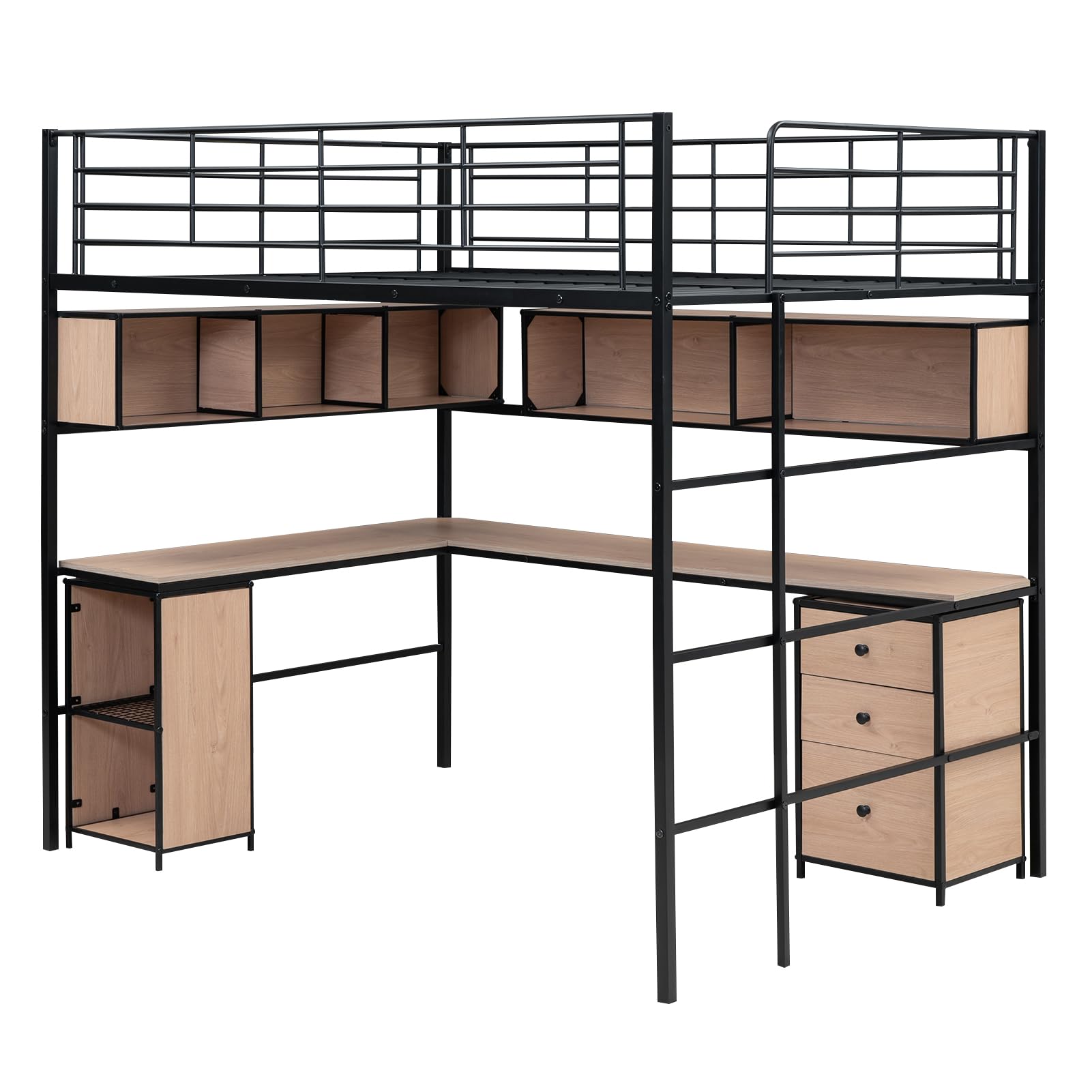 Harper & Bright Designs Full Size Metal Loft Bed with Desk, Bookcase and Storage Cabinet, Modern Heavy-Duty Steel Frame, for Kids Teens Adults (Black)