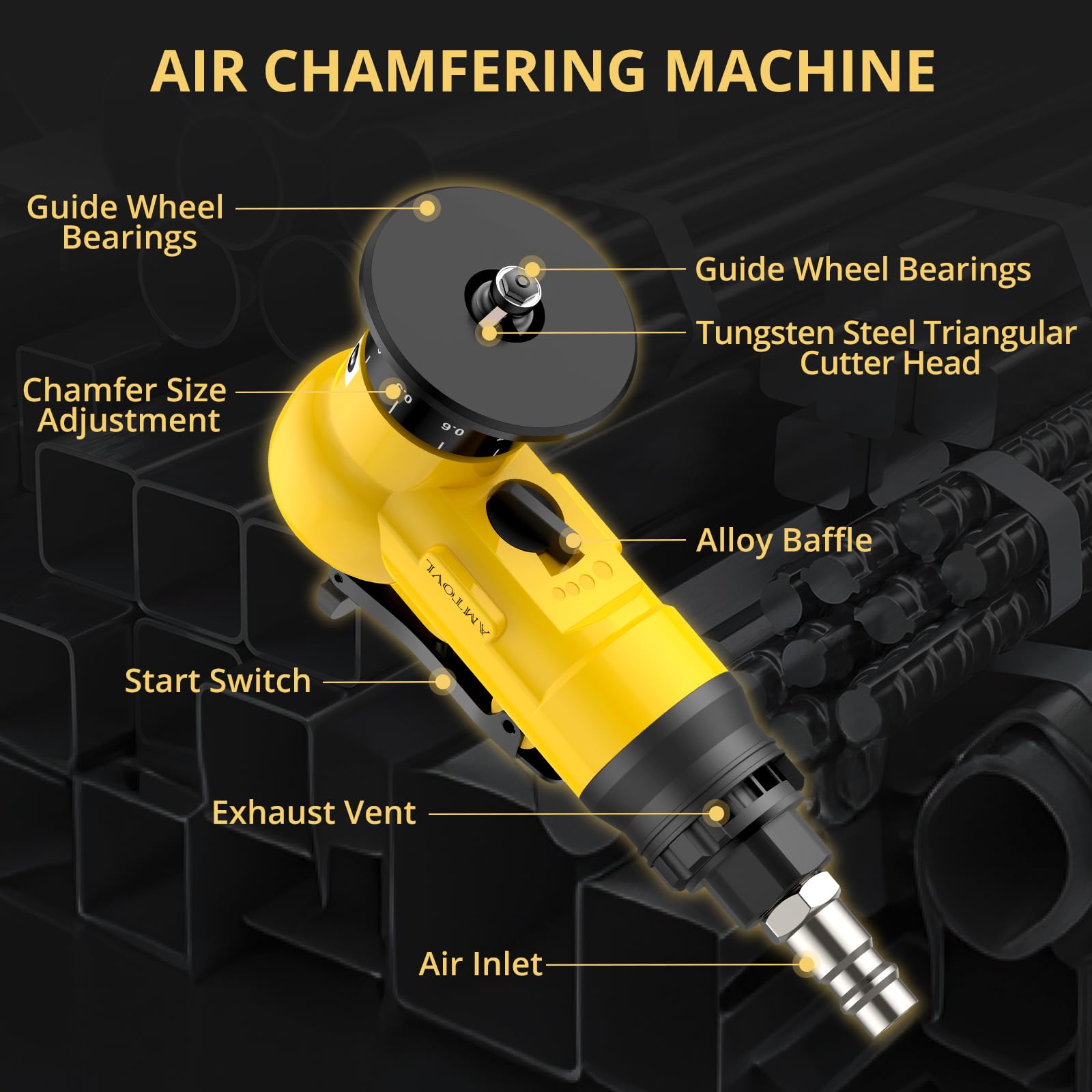 AMTOVL Air Chamfer Tool, Mini Pneumatic Chamfering Machine, 30000 RPM Pneumatic Chamfering Tool, 45 Degree Air Beveling Machine with 1/4 Inch Air Inlet for Metal, Wood, Acrylic Deburring and Trimming