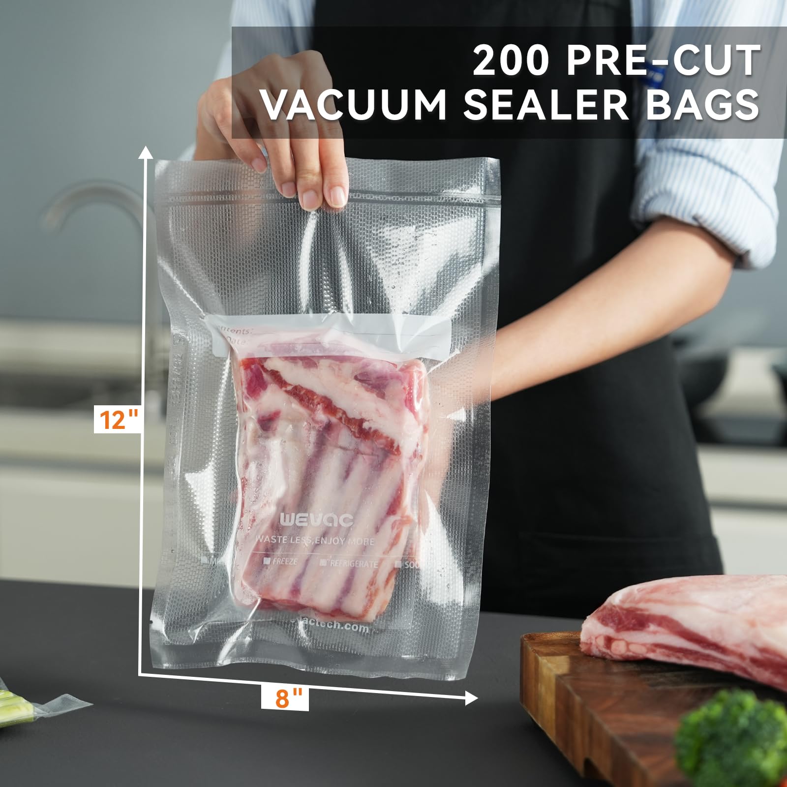 8" x 12" Precut Vacuum Sealer Bags, 200 Count, Includes 5 Liquid Block Bags & 5 Bone Guard Pieces, Heavy Duty for Food Storage, Sous Vide & Meal Prep, Wevac