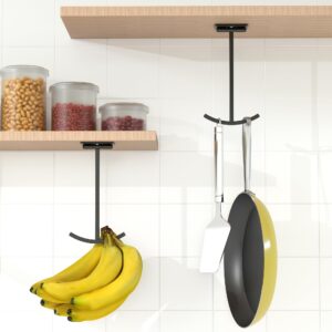 Josmimic Banana Hook Under Cabinet - Adhesive Banana Hanger Under Counter, Metal Banana Holder Stand for Hanging Bananas or Kitchen Utensil, Keeps Bananas Fresh, Black, 1 Pack