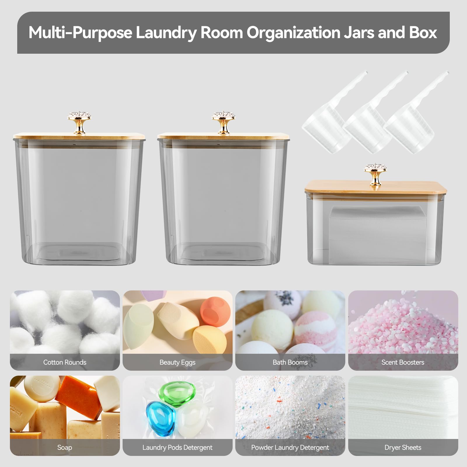 XMBecc 3 Pack Laundry Room Organization Storage Containers Laundry Pod Containers and Dryer Sheet Holder with Lids and Labels for Powder, Detergent, Scent Booster