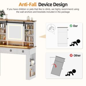 HNEBC Farmhouse Makeup Vanity Desk with Sliding Mirror and Lights,40" W Glass Tabletop Vanity Table with Charger,LED Vanity Set with Jewelry Armoire,6 Drawers,10 Shelves,Adjustable Cabinet