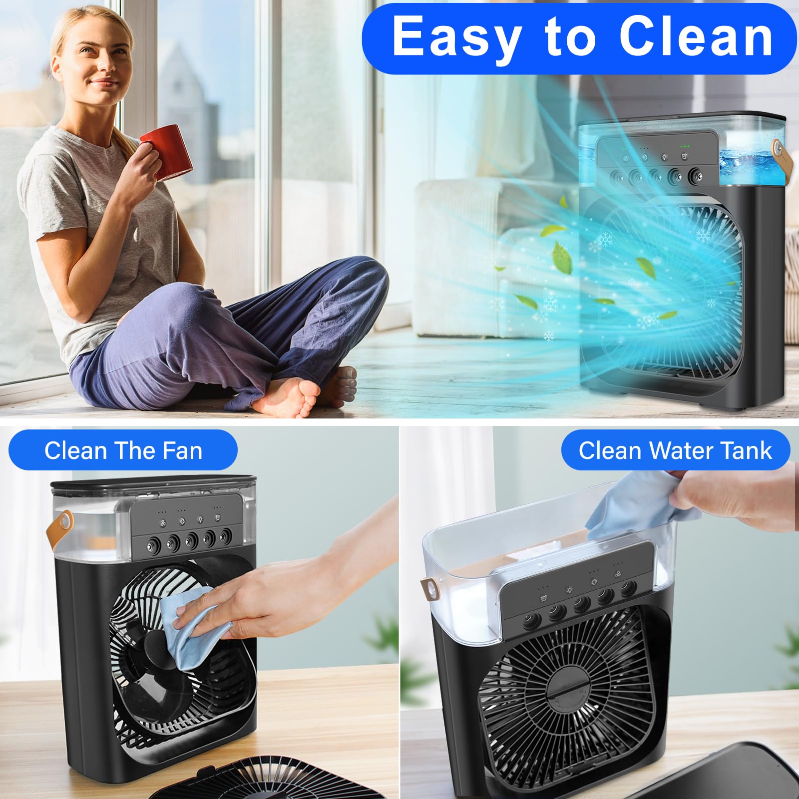 Portable Air Conditioners - Small Portable AC Quiet Personal Air Cooler,USB Powered Mini Desktop Cooling Misting Fan, 1/2/3 H Timer, 3 Speeds,360°Adjustment,for Office, Home, Room,Desk,Car - Black