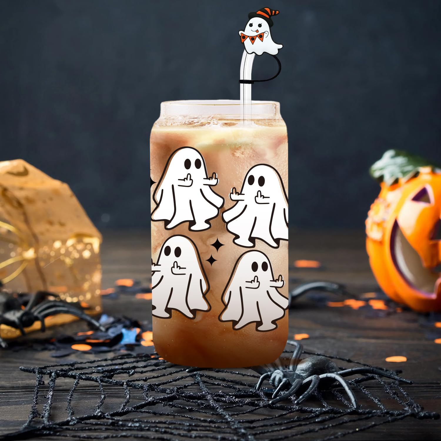 Halloween Ghost Glass Cups With Lid & Straw - 16 oz Spooky Halloween Iced Coffee Tumbler, Cute Halloween Gifts for Women, Teens Girls, Boo Basket Stuffers Items, Include 2 Silicone Straw Covers