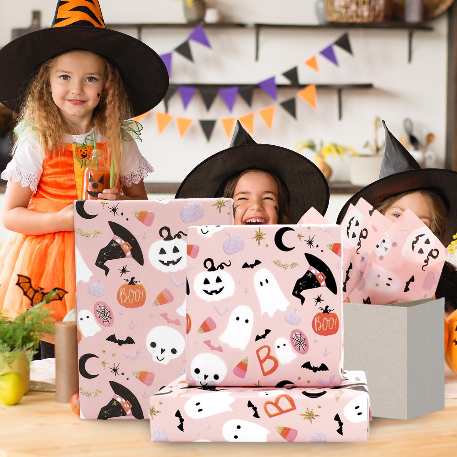 JarThenaAMCS 100 Sheets Halloween Tissue Paper Pink Pumpkin Ghost Boo Gift Wrapping Paper for DIY Art Crafts Birthday Holiday Baby Shower, 14 x 20 Inch