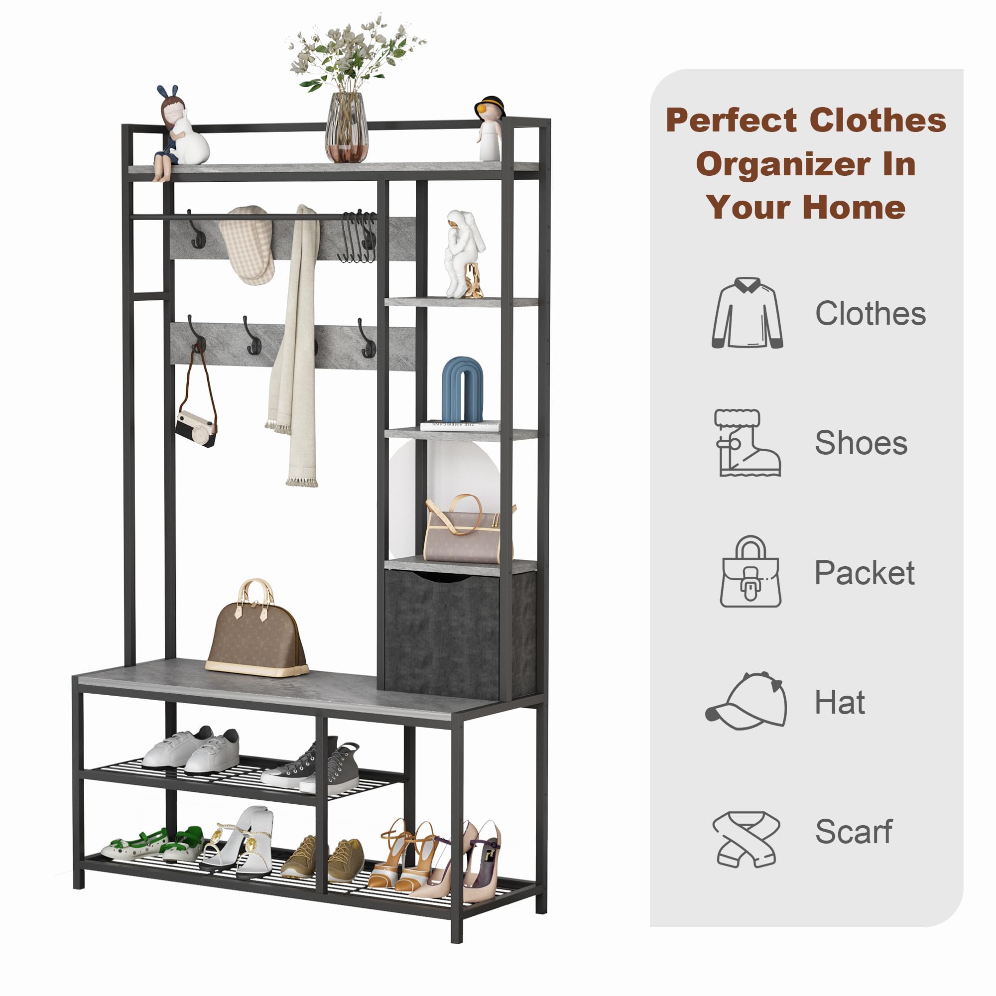 GarveeHome Hall Tree Shoe Bench With Storage, 5 In 1 Coat Rack Freestanding, Entryway Bench With Storage, Coat Rack With Shoe Storage, Hall Tree With 12 Hooks for Entryway, Hallway