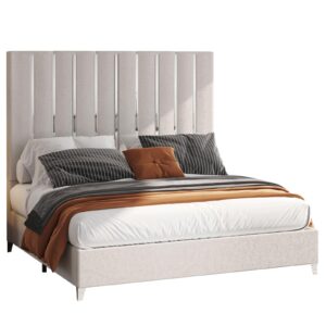 Jocisland King Bed Frame with 58" Tall Headboard, Velvet Upholstered Platform Bed Frame with Silver Plating Trim, Sturdy Bed No Box Spring Needed, Cream