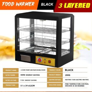 3-Tier Food Warmer, Commercial Food Warmer Display Electric Countertop Food Pizza Warmer with LED Lighting Removable Shelves Glass Door, Pastry Display Case for Buffet Restaurant 500w