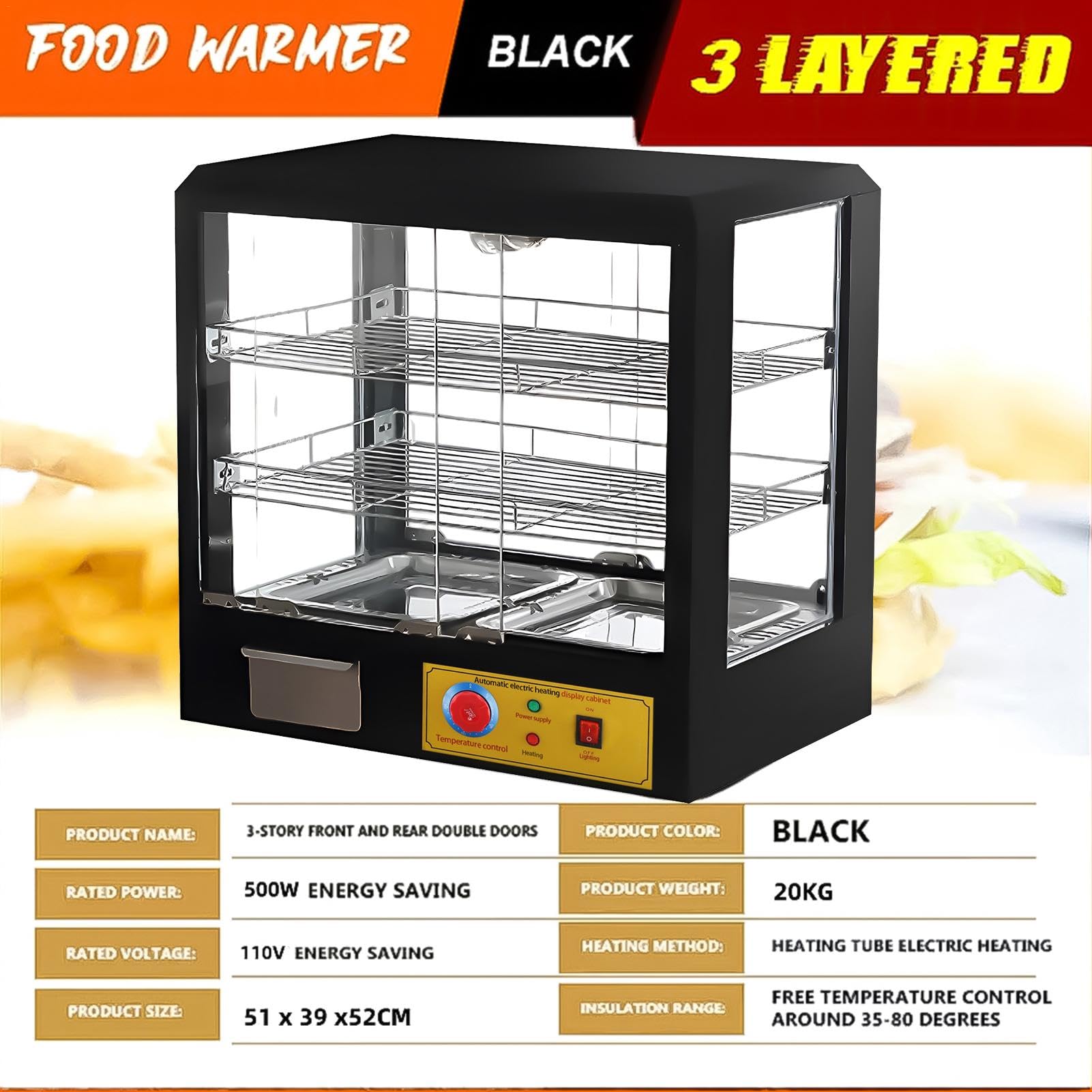 3-Tier Food Warmer, Commercial Food Warmer Display Electric Countertop Food Pizza Warmer with LED Lighting Removable Shelves Glass Door, Pastry Display Case for Buffet Restaurant 500w