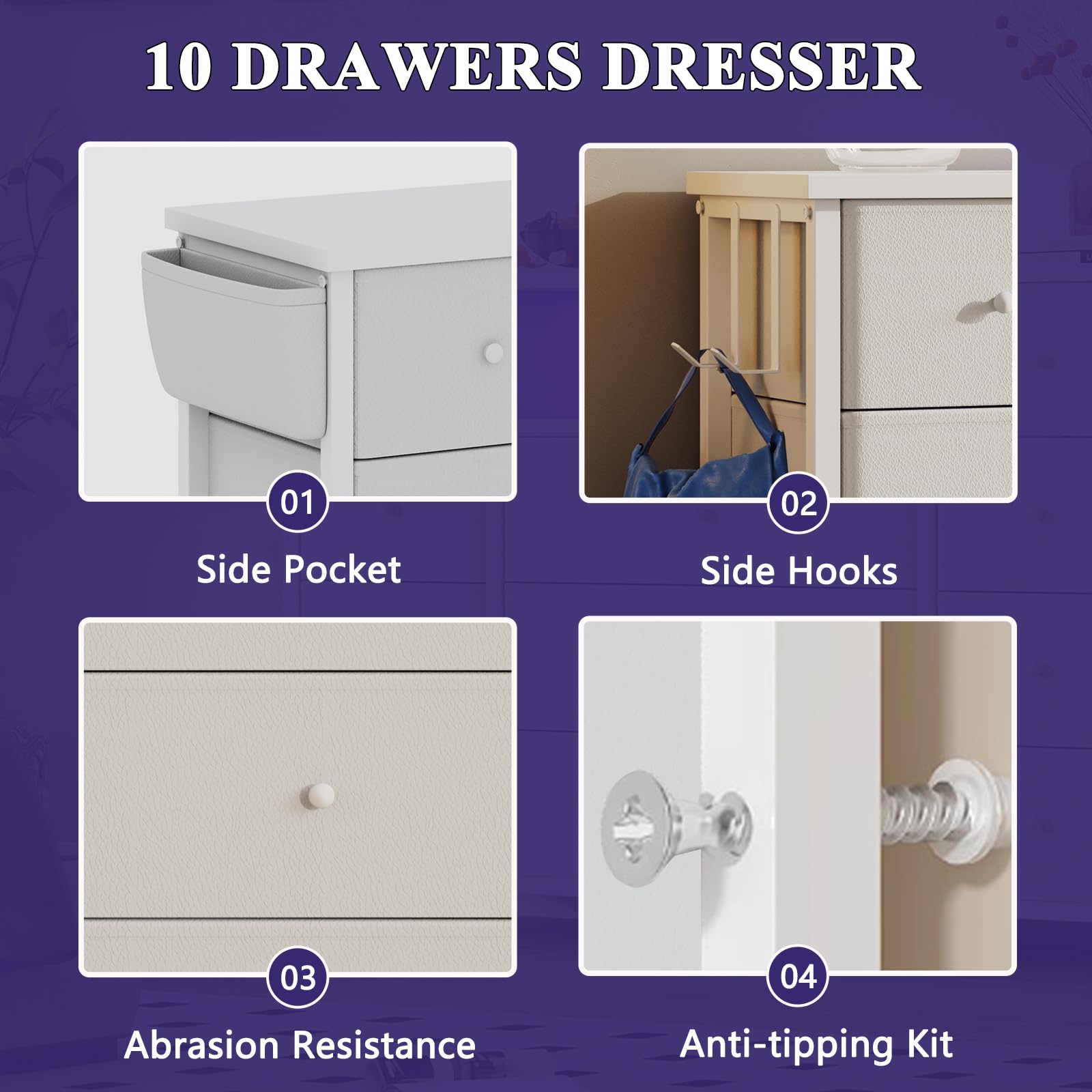 WODRAWER White Dresser with Power Outlets and LED Lights, Dresser for Bedroom with 11 Drawers, Dressers & Chests of Drawers with Side Pockets, Fabric Storage Organizer