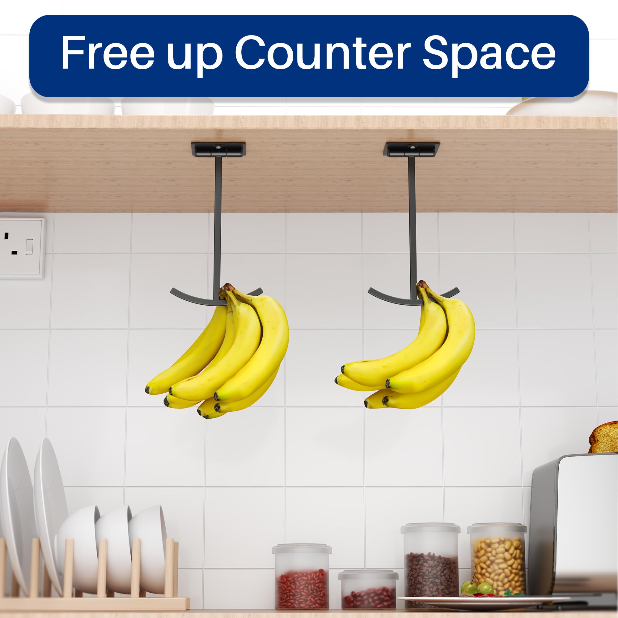 Josmimic Banana Hook Under Cabinet - Adhesive Banana Hanger Under Counter, Metal Banana Holder Stand for Hanging Bananas or Kitchen Utensil, Keeps Bananas Fresh, Black, 1 Pack