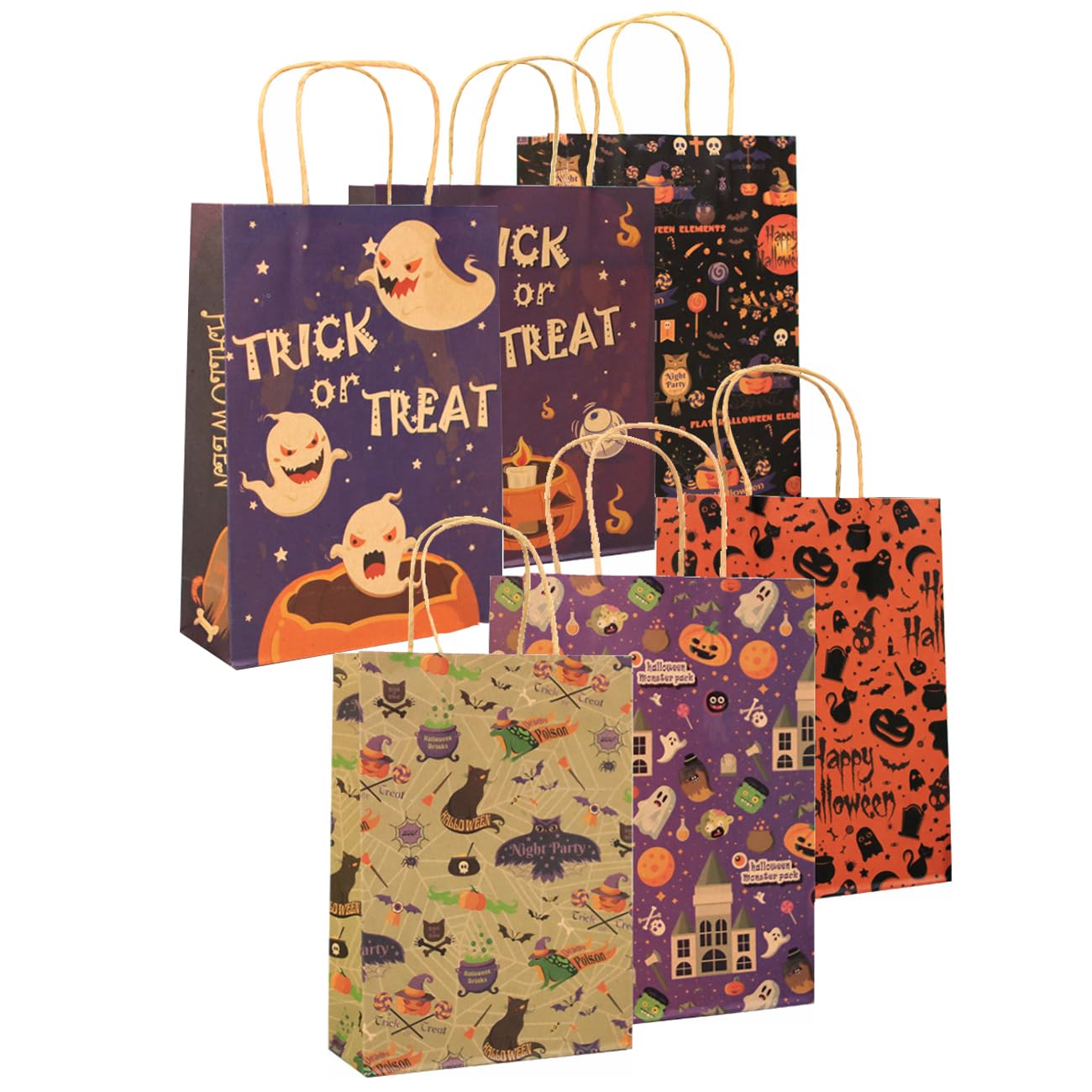 Betdzzt 24Pcs Halloween Bags, 10 * 7 * 3 in Party Favor Bags With Hand Goodie Bags, Paper Trick or Treating Gift Bag Bulk in 6 Halloween Colored Candy Bags for Party Supplies Paper Bags