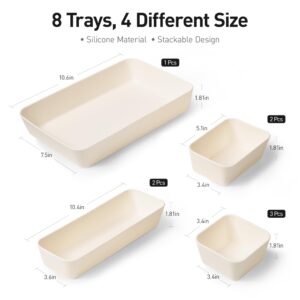 ISSEVE 8Pcs Nesting Silicone Drawer Organizer Set, 4 Size Versatile Vanity Bathroom Drawer Organizer Trays Divider, Desk Drawer Organizer Storage Bins for Office, Kitchen, Bedroom and Dorm (White)