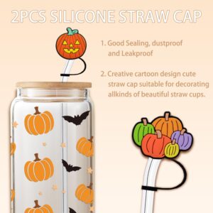 Halloween Pumpkins & Bats Glass Cup with Fall Silicone Straw Covers, Cute Halloween Gifts for Her – 16 oz Iced Coffee Tumbler with Lid & Straw, Spooky Boo Basket Stuffers Items for Women