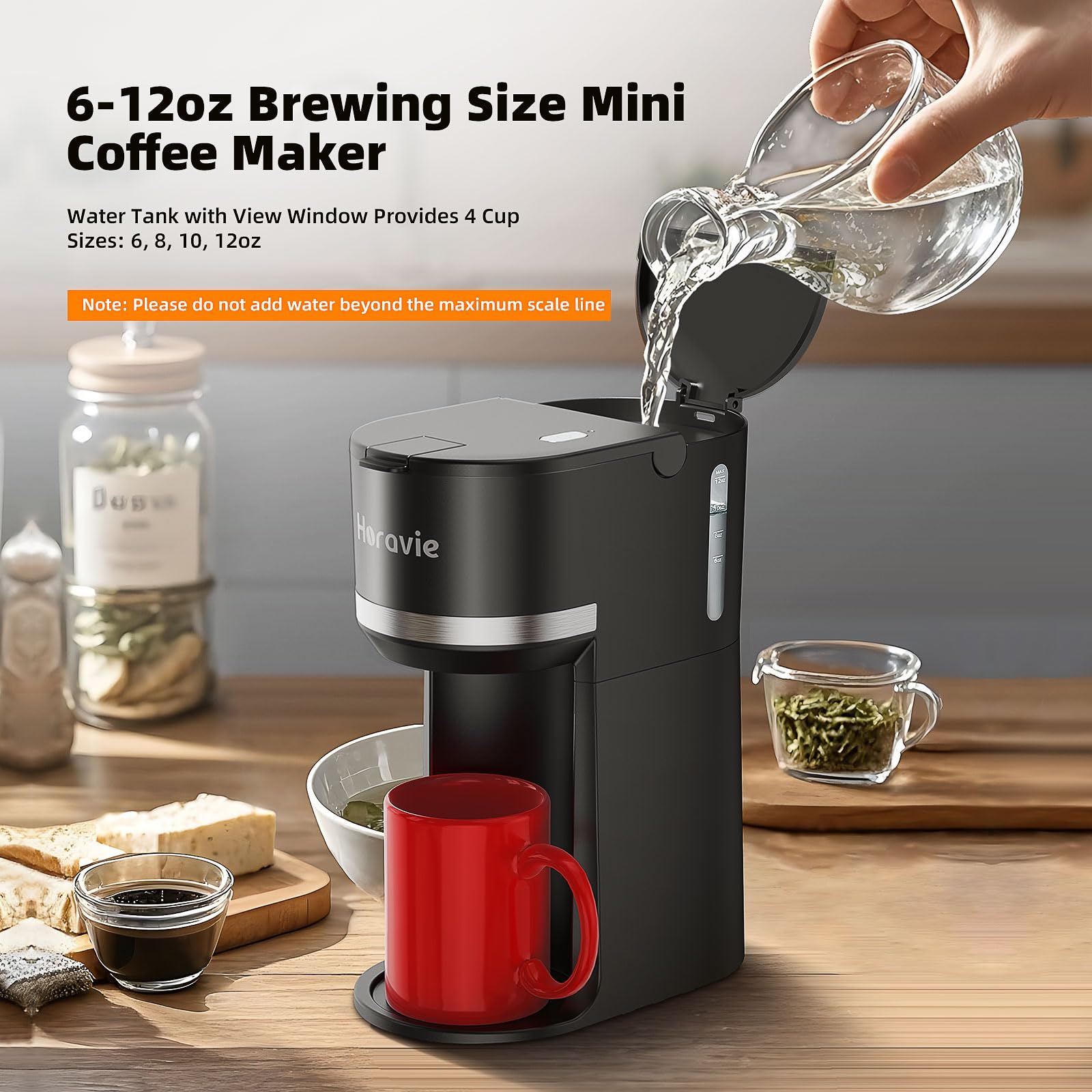 Horavie Mini Single Serve Coffee Maker for K Cup and Ground Coffee, Fast Brew One Cup Coffee Machine with Descaling Reminder and Water Window, 6 to 12 oz. Brew Sizes, Black