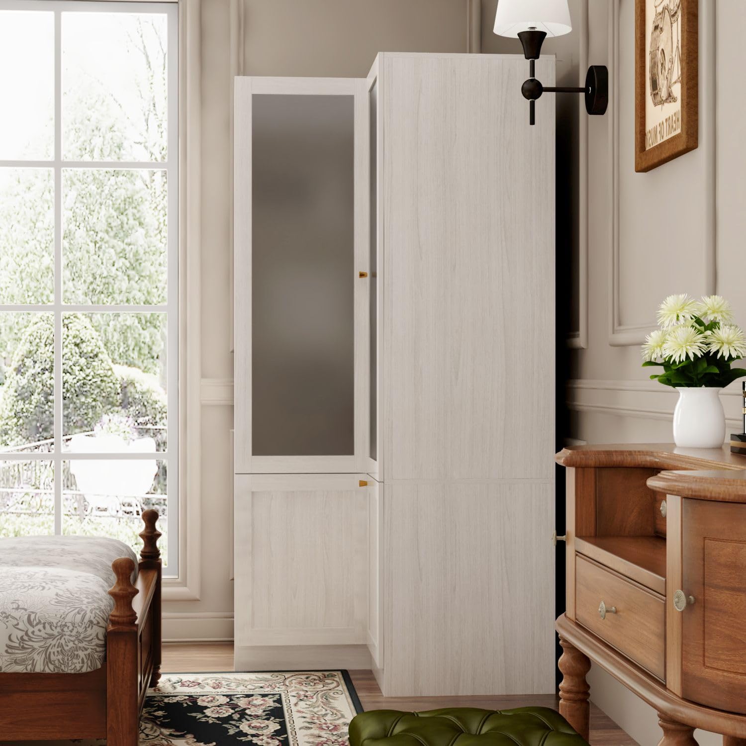 TAMUNE L-Shape Wardrobe Armoire Closet with Hanging Rod & Shelf, Bedroom Armoire with Frosted Glass Doors, Clothes Wardrobe with Gold Knobs, Wood Grain, 35.4”D x 35.4”W x 70.9”H