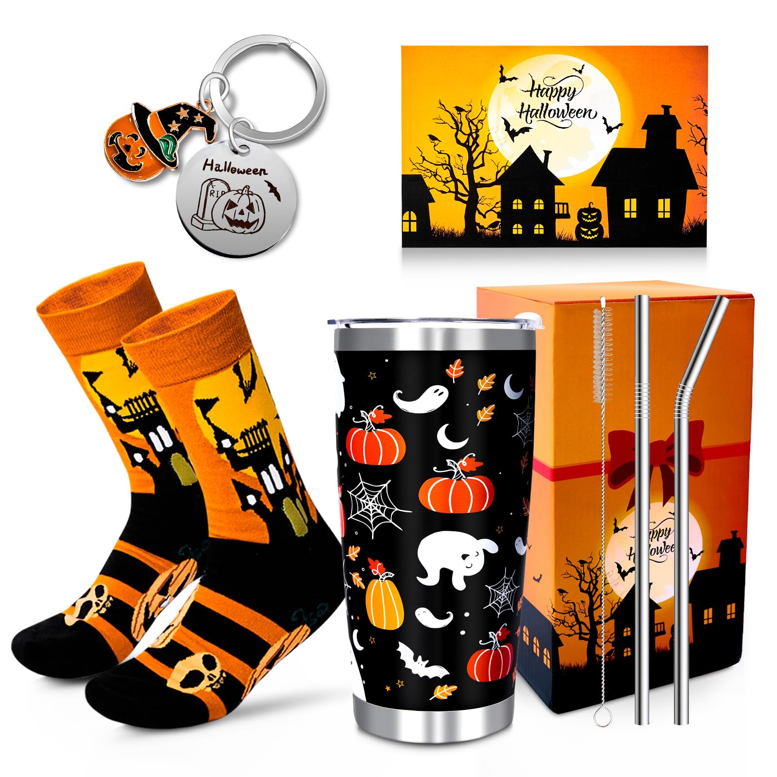 PUPPY GO Halloween Gifts Set, 5PCS Halloween Tumbler Set Includes 20oz Tumbler with Lids and Straw Socks Keychain Thanks Card, Cute Pumpkin Gift for Women