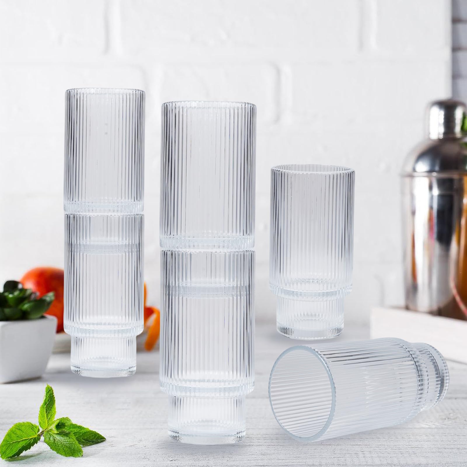 POYDORA 16 OZ Glass Cups with Lids and Straws, Vintage Ribbed Coffee Cups Drinking Glasses, Beer Glasses, Iced Coffee Glasses, Cute Tumbler Cup, Ideal for Whiskey,Cocktail,Wine (2 Pack)