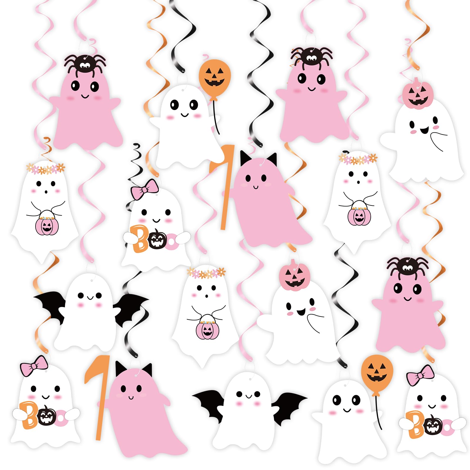 Halloween Ghost Hanging Swirl Decoration, Pink Halloween Ghost Boo Party Hanging Decorations for Halloween Boo Baby Shower, Halloween Birthday Decorations, Halloween Trick Or Treat Party Supplies