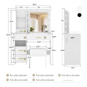 Furnivado Vanity Desk with LED Lighted Mirror, 3 Adjustable Lighting Makeup Vanity Desk with 3 Storage Shelves, 5 Large Drawers and Storage Stool, Vanity with Power Outlet for Bedroom, White