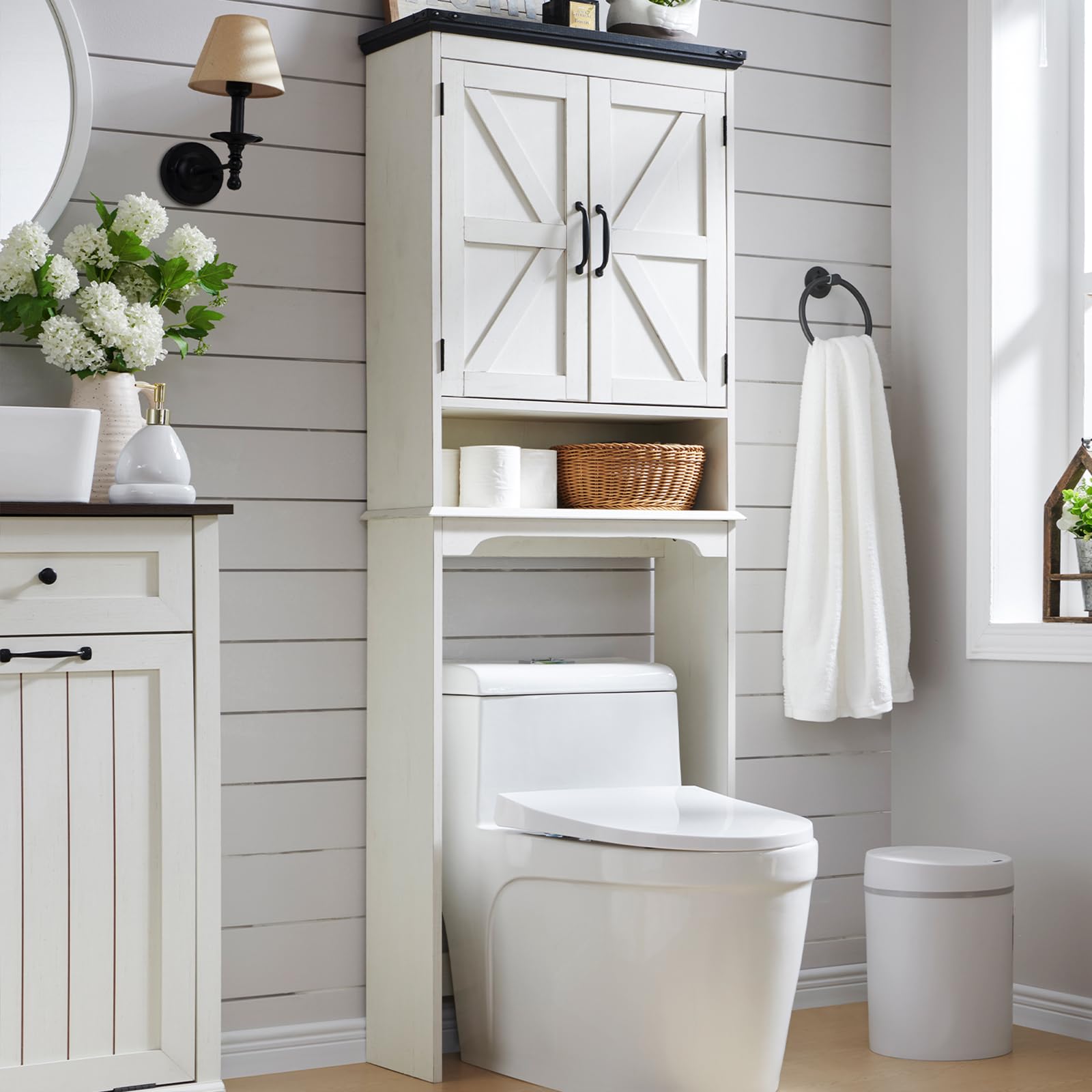 ACCOHOHO Over The Toilet Storage Cabinet, Farmhouse Bathroom Cabinet with Adjustable Shelf & Barn Door, 67" Tall Over The Toilet Shelf, Off White