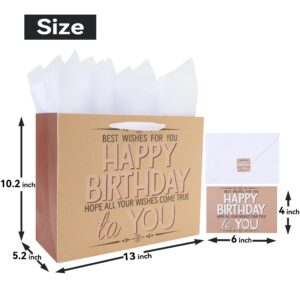 13” Large Brown Happy Birthday Gift Bag Set with Handles, Greeting Card, Tissue Papers and Stickers for Men Boys Women Girls, Text Design, 1 Pcs