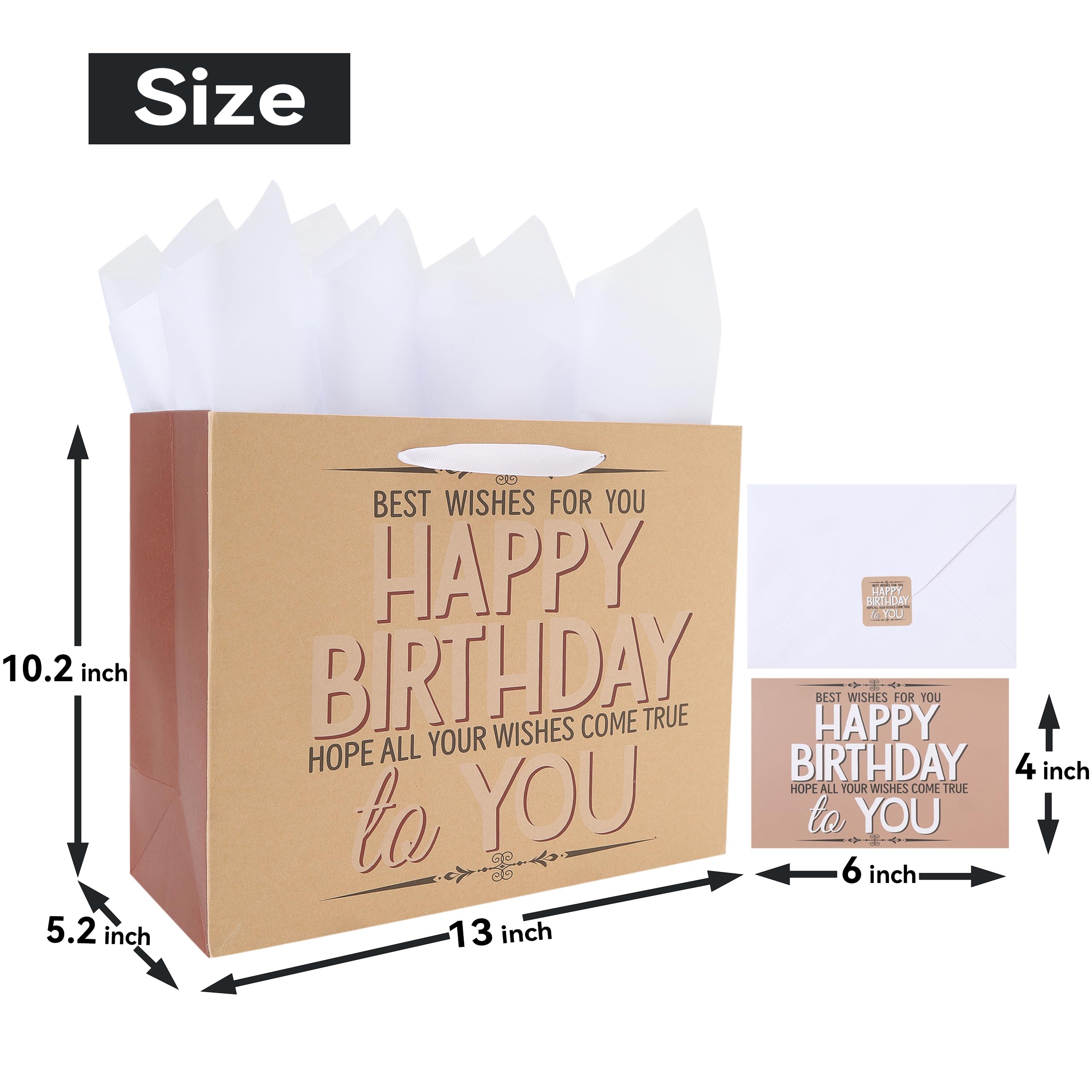 13” Large Brown Happy Birthday Gift Bag Set with Handles, Greeting Card, Tissue Papers and Stickers for Men Boys Women Girls, Text Design, 1 Pcs