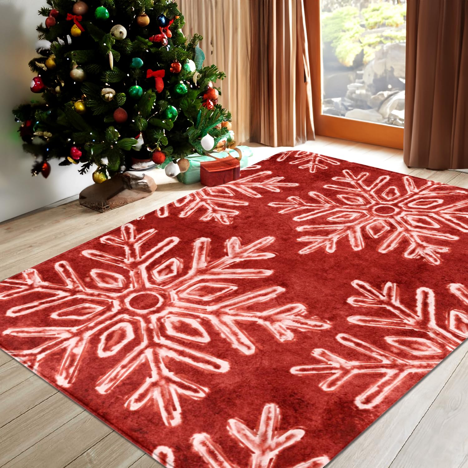 Christmas Area Rug Snowflake Winter Area Rugs Christmas Decorative Rug Xmas Throw Carpet Washable Non Slip Holiday Rug for Entryway Bedroom Living Room Laundry Room Indoor Red 5 x 7 FT