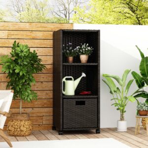 Lovinouse Outdoor Towel Storage Cabinet,Pool Towel Organizer with Shelves & a Drawer,Waterproof Wicker Towel Holder with Rolling Wheels for Outside,Patio,Garden,Poolside,Backyard, Porch,Brown