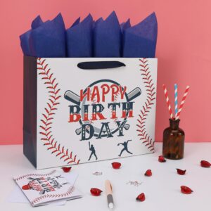 13” Large Baseball Happy Birthday Gift Bag Set with Handles, Greeting Card, Tissue Papers and Stickers for Boys Kids Teens, Sport Themed Birthday Design, 1 Pcs