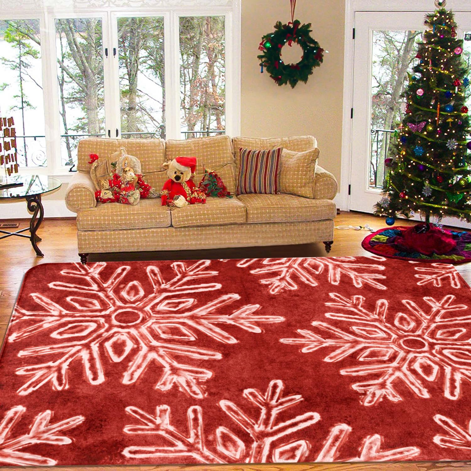 Christmas Area Rug Snowflake Winter Area Rugs Christmas Decorative Rug Xmas Throw Carpet Washable Non Slip Holiday Rug for Entryway Bedroom Living Room Laundry Room Indoor Red 5 x 7 FT