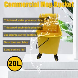 HQHAOTWU Mop Bucket Thickened Plastic Extrusion Water Bucket 20L Commercial Mop Extrusion Water Bucket Yellow Wastewater Separation Draining Bucket with Universal Castors Handle Drainage Outlet