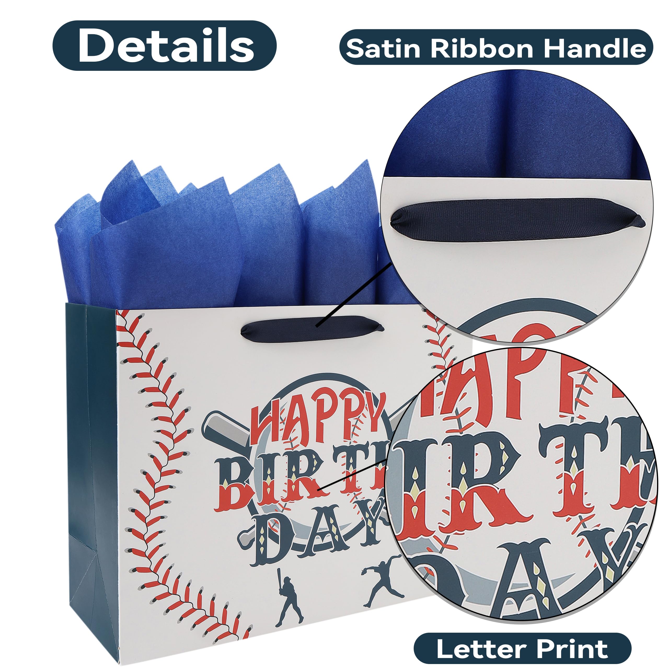 13” Large Baseball Happy Birthday Gift Bag Set with Handles, Greeting Card, Tissue Papers and Stickers for Boys Kids Teens, Sport Themed Birthday Design, 1 Pcs