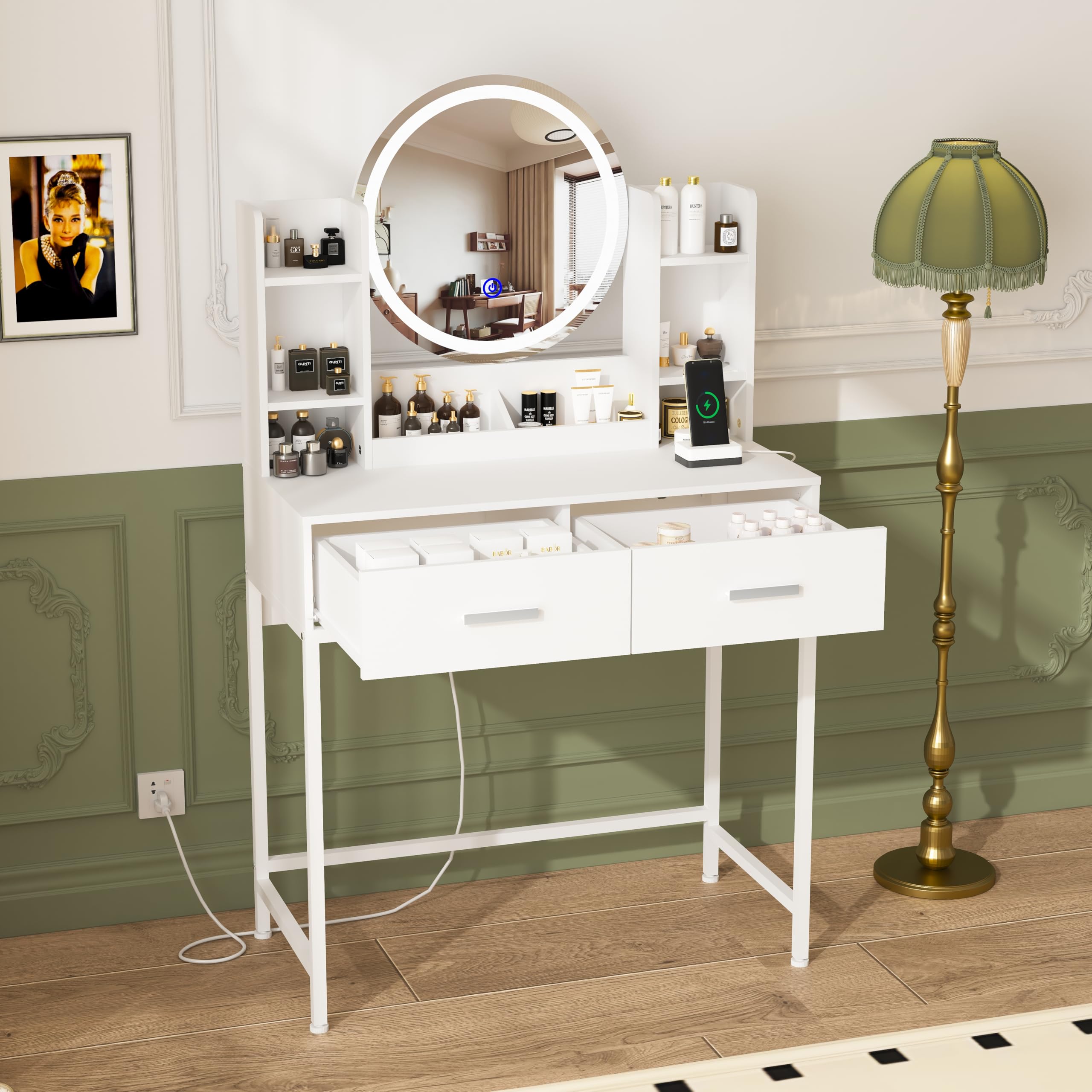 HDDDZSW Vanity Desk with Mirror and Lights, Make up Vanity Desk with Charging Station and 2 Drawers, Dressing Table with 3-Lighting-Modes Makeup Mirror, White Vanity Makeup Table for Bedroom