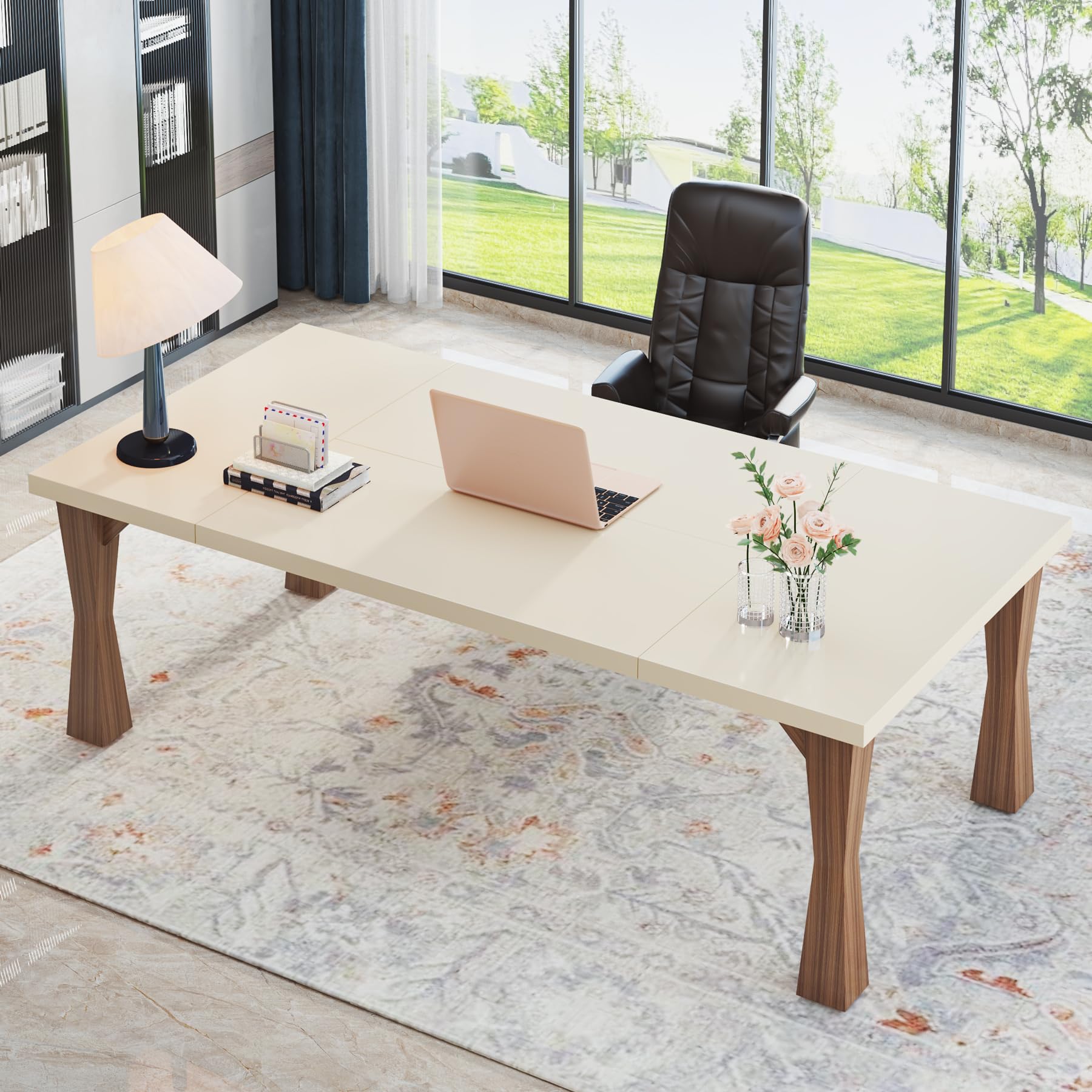 Tribesigns Executive Desk, 71" W x 35" D Large Office Desk, Modern Computer Desk Conference Table Meeting Room Table, Business Furniture for Home Office, Cream White and Walnut