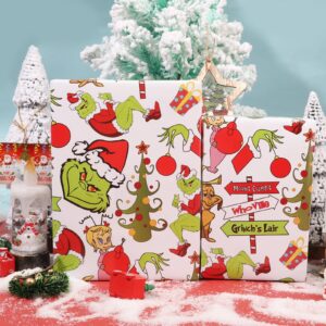 Green Christmas Wrapping Paper Funny Cartoon Character Xmas Gift Wrap for Boys Girls Kids Women Men Hoilday Baby Shower Decoration - 20 X 28Inches Per Sheet(8 Pack)