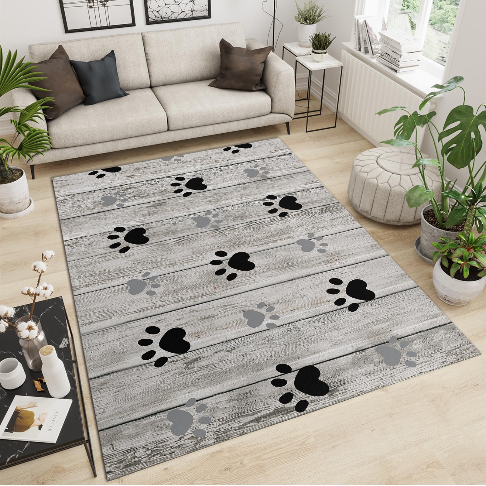 JELAIXO Cartoon 3'x2' Rug - Dog Paw Prints Nursery Rug, Wooden Board Durable Foldable Large Area Rugs for Kids Boys and Girls Room