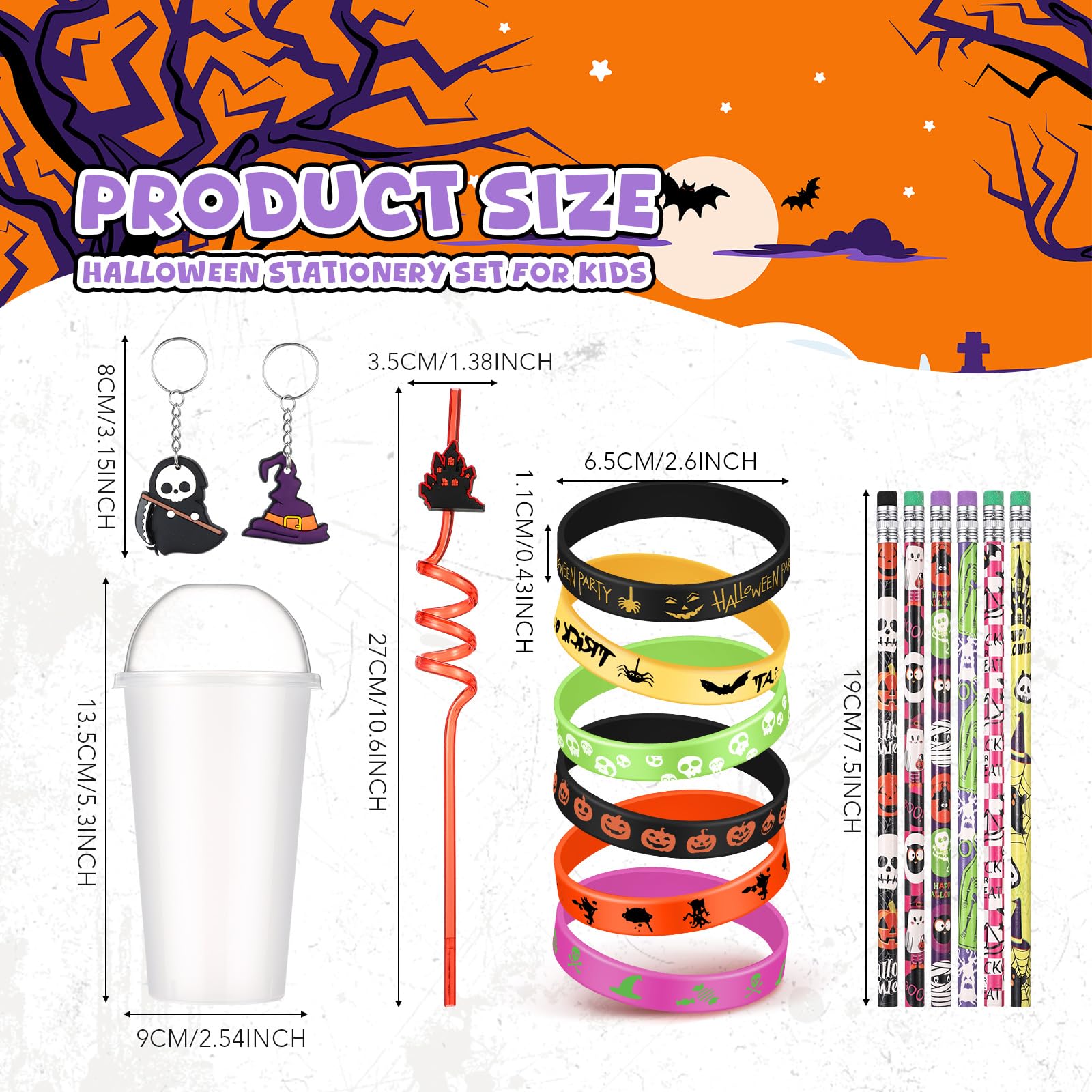 Seenelling 24 Set Halloween Party Favors Gift Cups Filler for Students, Halloween Goodie Bag Fillers, Halloween Treats Non Candy, Halloween Keychain Pencil Straw Silicone Bracelet for Classroom Gifts